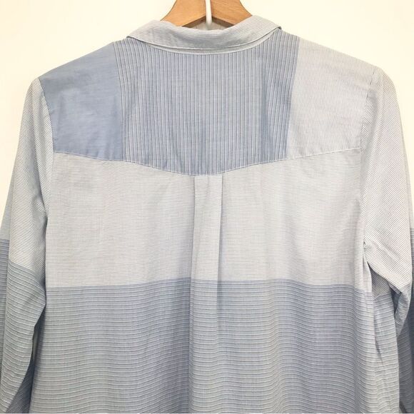J. Jill Blue Contrast Stripe Button Up Long Sleeve Cotton Tunic Blouse - Picture 8 of 13